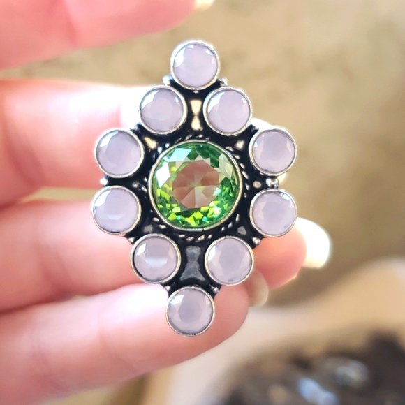 New Oversized Tsavorite and Pink Chalcedony 925 Silver Statement Ring. - Picture 1 of 13